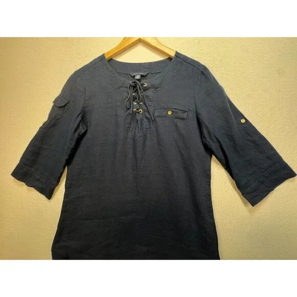 Tommy Hilfiger Womens Lace-Up Tunic Top Size S Navy Blue 3/4 Sleeves Pocket Chic - Picture 3 of 11